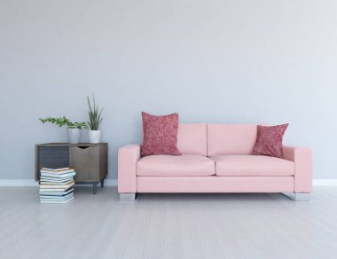 Minimalist bir oda ve kanepe. İç kısımları kuzeyli. 3B illüstrasyon