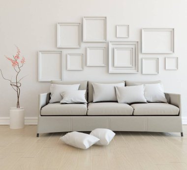 Beyaz minimalist oturma odasının içinde, ahşap zeminde kanepe var. İç kısımları kuzeyli. 3B illüstrasyon