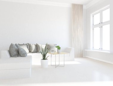 Minimalist bir oturma odası ve ahşap zeminde bir kanepe. İç kısımları kuzeyli. 3B illüstrasyon