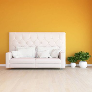 Sarı minimalist oturma odasının içinde ahşap bir zeminde kanepe var. İç kısımları kuzeyli. 3B illüstrasyon