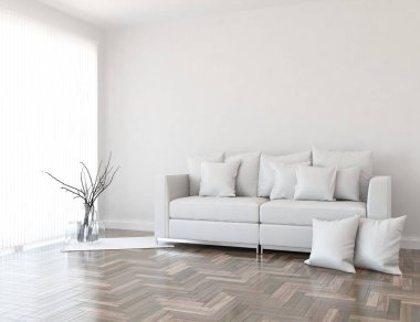 Beyaz minimalist oturma odasının içinde, ahşap zeminde kanepe var. İç kısımları kuzeyli. 3B illüstrasyon