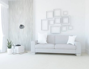 Beyaz minimalist oturma odasının içinde, ahşap zeminde kanepe var. İç kısımları kuzeyli. 3B illüstrasyon