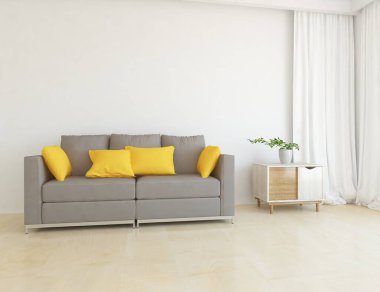 Beyaz minimalist oturma odasının içinde, ahşap zeminde kanepe var. İç kısımları kuzeyli. 3B illüstrasyon