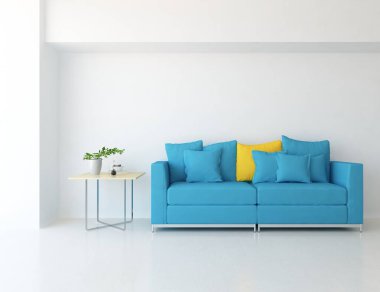 Beyaz minimalist oturma odasının içinde, ahşap zeminde kanepe var. İç kısımları kuzeyli. 3B illüstrasyon