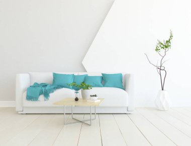 Beyaz minimalist oturma odasının içinde, ahşap zeminde kanepe var. İç kısımları kuzeyli. 3B illüstrasyon