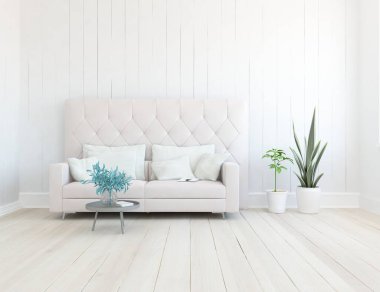 Beyaz minimalist oturma odasının içinde, ahşap zeminde kanepe var. İç kısımları kuzeyli. 3B illüstrasyon