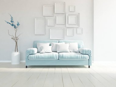 Beyaz minimalist oturma odasının içinde, ahşap zeminde kanepe var. İç kısımları kuzeyli. 3B illüstrasyon