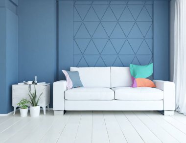 Mavi minimalist bir oturma odası ve ahşap zeminde bir kanepe. İç kısımları kuzeyli. 3B illüstrasyon