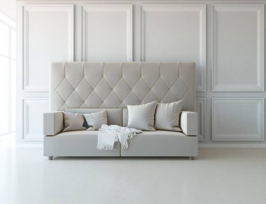 Beyaz minimalist oturma odasının içinde, ahşap zeminde kanepe var. İç kısımları kuzeyli. 3B illüstrasyon