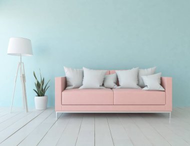 Mavi minimalist bir oturma odası ve ahşap zeminde bir kanepe. İç kısımları kuzeyli. 3B illüstrasyon