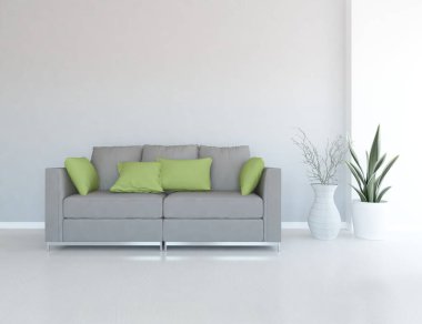 Minimalist bir oturma odası ve ahşap zeminde bir kanepe. İç kısımları kuzeyli. 3B illüstrasyon