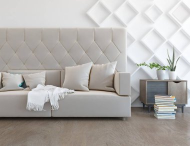 Minimalist bir oturma odası ve ahşap zeminde bir kanepe. İç kısımları kuzeyli. 3B illüstrasyon