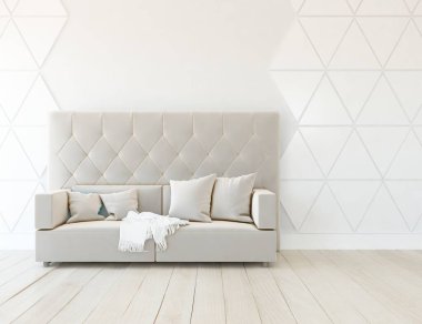 Beyaz minimalist oturma odasının içinde, ahşap zeminde kanepe var. İç kısımları kuzeyli. 3B illüstrasyon