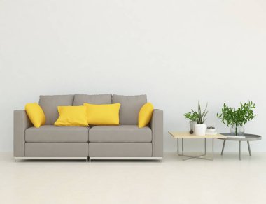 Minimalist bir oturma odası ve ahşap zeminde bir kanepe. İç kısımları kuzeyli. 3B illüstrasyon