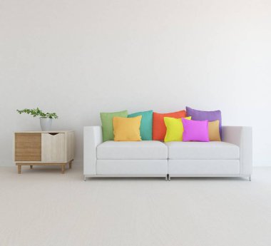 Minimalist bir oturma odası ve ahşap zeminde bir kanepe. İç kısımları kuzeyli. 3B illüstrasyon