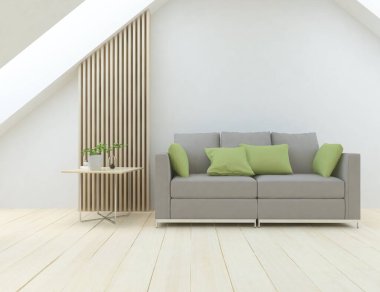 Minimalist bir oturma odası ve ahşap zeminde bir kanepe. İç kısımları kuzeyli. 3B illüstrasyon