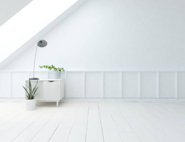 Beyaz boş bir İskandinav odası fikri. İçi ahşap zemin ve büyük duvarlarla dolu vazolarla dolu. İç kısımları kuzeyli. 3B illüstrasyon