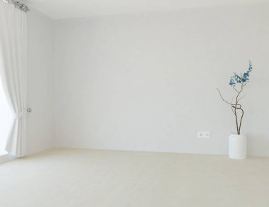 Beyaz boş bir İskandinav odası fikri. İçi ahşap zemin ve büyük duvarlarla dolu vazolarla dolu. İç kısımları kuzeyli. 3B illüstrasyon