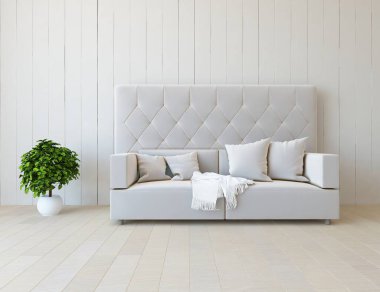 Beyaz minimalist oturma odasının içinde, ahşap zeminde kanepe var. İç kısımları kuzeyli. 3B illüstrasyon