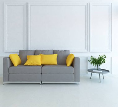 Minimalist bir oturma odası ve ahşap zeminde bir kanepe. İç kısımları kuzeyli. 3B illüstrasyon