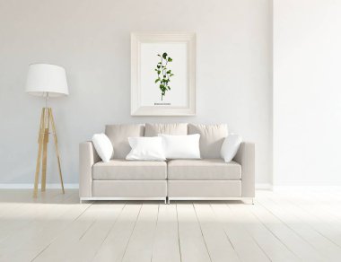 Beyaz minimalist oturma odasının içinde, ahşap zeminde kanepe var. İç kısımları kuzeyli. 3B illüstrasyon