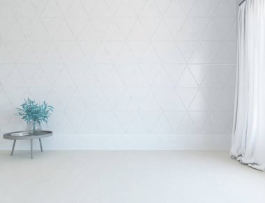 Beyaz, boş, vazo ve büyük duvarlı bir Skandyan odası fikri. İç kısımları kuzeyli. 3B illüstrasyon