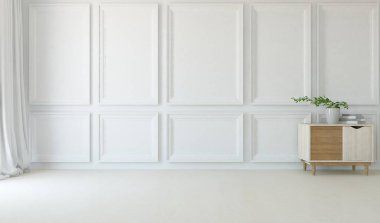 Beyaz, boş, vazo ve büyük duvarlı bir Skandyan odası fikri. İç kısımları kuzeyli. 3B illüstrasyon