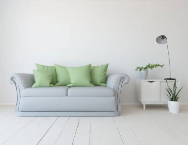 Minimalist bir oturma odası ve ahşap zeminde bir kanepe. İç kısımları kuzeyli. 3B illüstrasyon