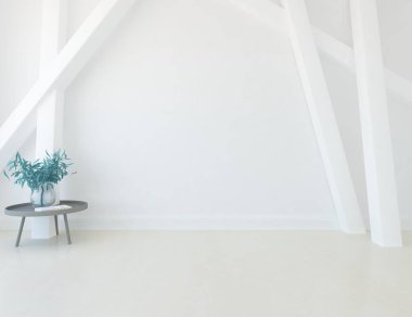 İçinde vazolar ve büyük duvarlar olan boş bir İskandinav odası fikri. İç kısımları kuzeyli. 3B illüstrasyon