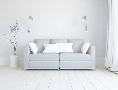 Beyaz minimalist oturma odasının içinde, ahşap zeminde kanepe var. İç kısımları kuzeyli. 3B illüstrasyon