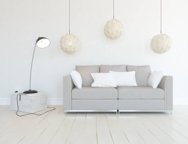 Beyaz minimalist oturma odasının içinde, ahşap zeminde kanepe var. İç kısımları kuzeyli. 3B illüstrasyon