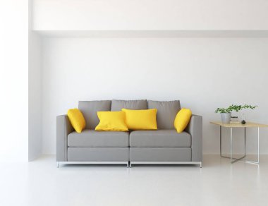 Minimalist bir oturma odası ve ahşap zeminde bir kanepe. İç kısımları kuzeyli. 3B illüstrasyon