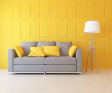 Sarı minimalist oturma odasının içinde ahşap bir zeminde kanepe var. İç kısımları kuzeyli. 3B illüstrasyon