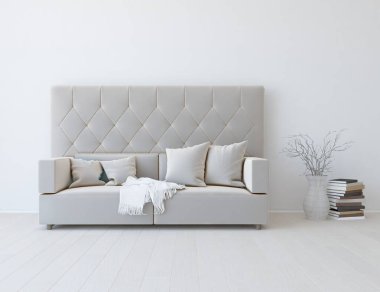 Beyaz minimalist oturma odasının içinde, ahşap zeminde kanepe var. İç kısımları kuzeyli. 3B illüstrasyon