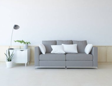 Beyaz minimalist oturma odasının içinde, ahşap zeminde kanepe var. İç kısımları kuzeyli. 3B illüstrasyon
