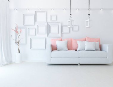 Beyaz minimalist oturma odasının içinde, ahşap zeminde kanepe var. İç kısımları kuzeyli. 3B illüstrasyon