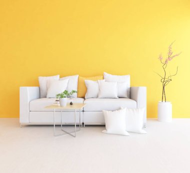 Sarı minimalist oturma odasının içinde ahşap bir zeminde kanepe var. İç kısımları kuzeyli. 3B illüstrasyon