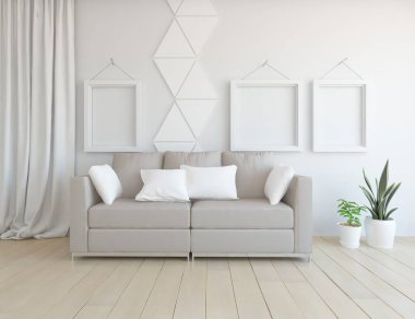 Beyaz minimalist oturma odasının içinde, ahşap zeminde kanepe var. İç kısımları kuzeyli. 3B illüstrasyon