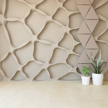 Beyaz boş bir İskandinav odası fikri. İçi ahşap zemin ve büyük duvarlarla dolu vazolarla dolu. İç kısımları kuzeyli. 3B illüstrasyon