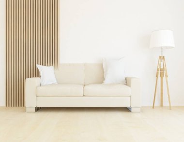 Beyaz minimalist oturma odasının içinde, ahşap zeminde kanepe var. İç kısımları kuzeyli. 3B illüstrasyon