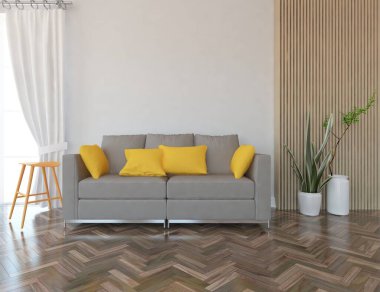 Minimalist bir oturma odası ve ahşap zeminde bir kanepe. İç kısımları kuzeyli. 3B illüstrasyon