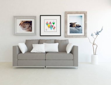 Minimalist bir oda ve kanepe. İç kısımları kuzeyli. 3B illüstrasyon