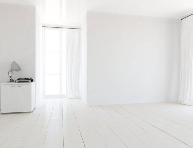 İçi lambayla dolu boş minimalist oda. Arkaplan iç mimarisi. İç kısımları kuzeyli. 3B illüstrasyon