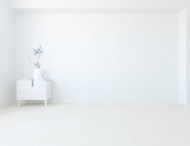 Beyaz, boş, vazo ve büyük duvarlı bir Skandyan odası fikri. İç kısımları kuzeyli. 3B illüstrasyon