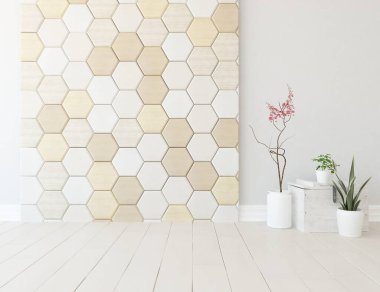 Beyaz boş bir İskandinav odası fikri. İçi ahşap zemin ve büyük duvarlarla dolu vazolarla dolu. İç kısımları kuzeyli. 3B illüstrasyon