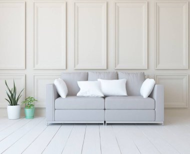 Beyaz minimalist oturma odasının içinde, ahşap zeminde kanepe var. İç kısımları kuzeyli. 3B illüstrasyon