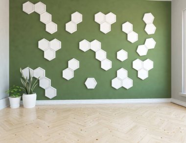 Dekoratif elementlerle dolu yeşil İskandinav odası fikri. İç kısımları kuzeyli. 3B illüstrasyon 