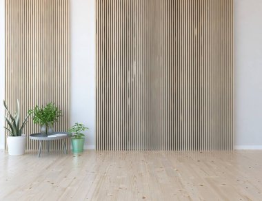 Beyaz boş bir İskandinav odası fikri. İçi ahşap zemin ve büyük duvarlarla dolu vazolarla dolu. İç kısımları kuzeyli. 3B illüstrasyon