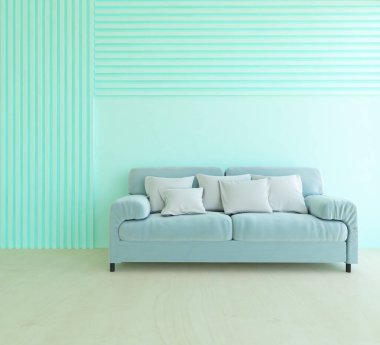 Mavi minimalist bir oturma odası ve ahşap zeminde bir kanepe. İç kısımları kuzeyli. 3B illüstrasyon