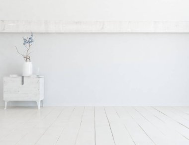 Beyaz, boş, vazo ve büyük duvarlı bir Skandyan odası fikri. İç kısımları kuzeyli. 3B illüstrasyon